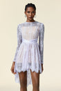 Michela White Lace Long Sleeve Mini Dress Asymmetric Hemline Cinched Waist