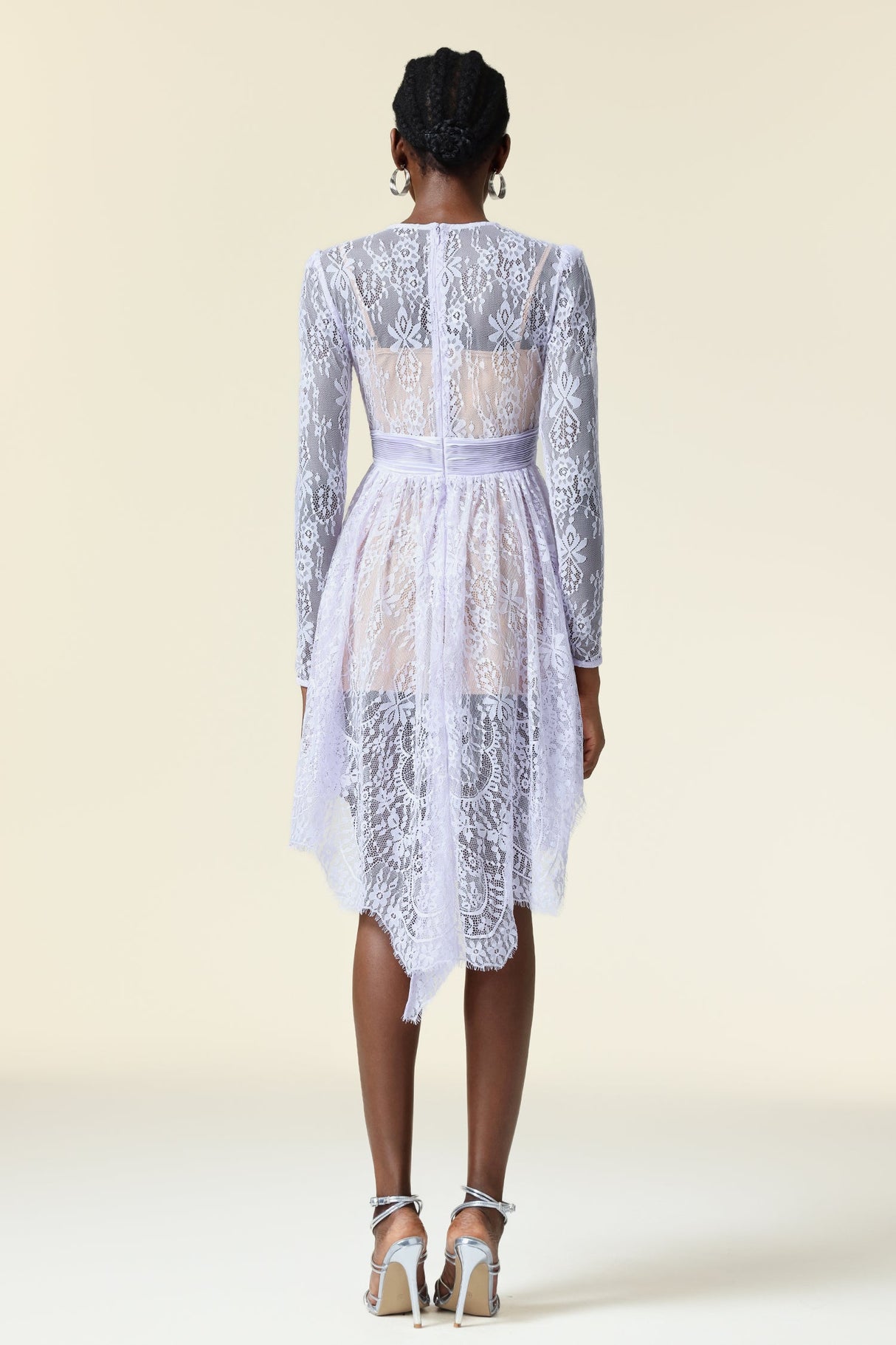 Michela White Lace Long Sleeve Mini Dress Asymmetric Hemline Cinched Waist
