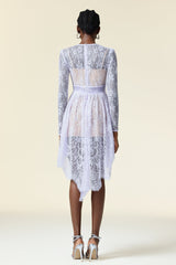 Michela White Lace Long Sleeve Mini Dress Asymmetric Hemline Cinched Waist