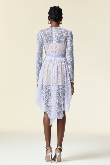 Michela White Lace Long Sleeve Mini Dress Asymmetric Hemline Cinched Waist