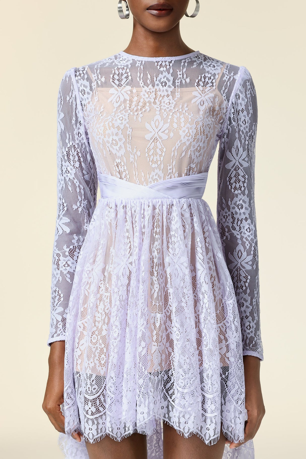 Michela White Lace Long Sleeve Mini Dress Asymmetric Hemline Cinched Waist Elegant Sophisticated Romantic Versatile