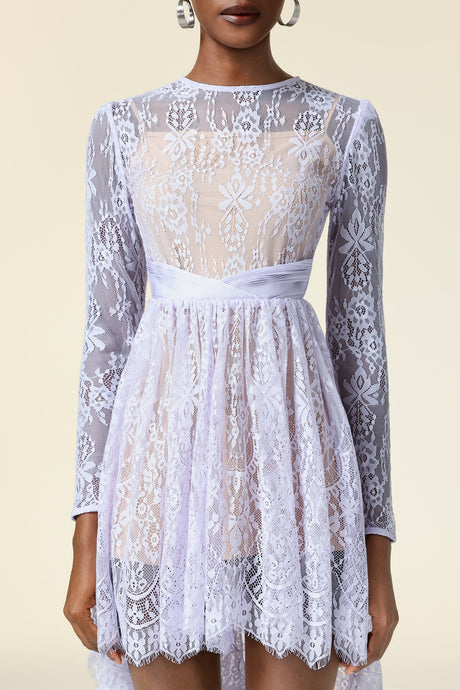 Michela White Lace Long Sleeve Mini Dress Asymmetric Hemline Cinched Waist Elegant Sophisticated Romantic Versatile