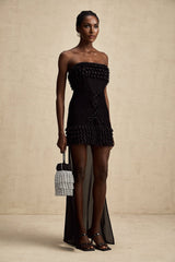 Michèle Black Strapless Mini Dress With Lace - Up Front and Ruffle Train
