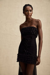 Michèle Black Strapless Mini Dress With Lace - Up Front and Ruffle Train