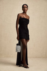 Michèle Black Strapless Mini Dress With Lace - Up Front and Ruffle Train