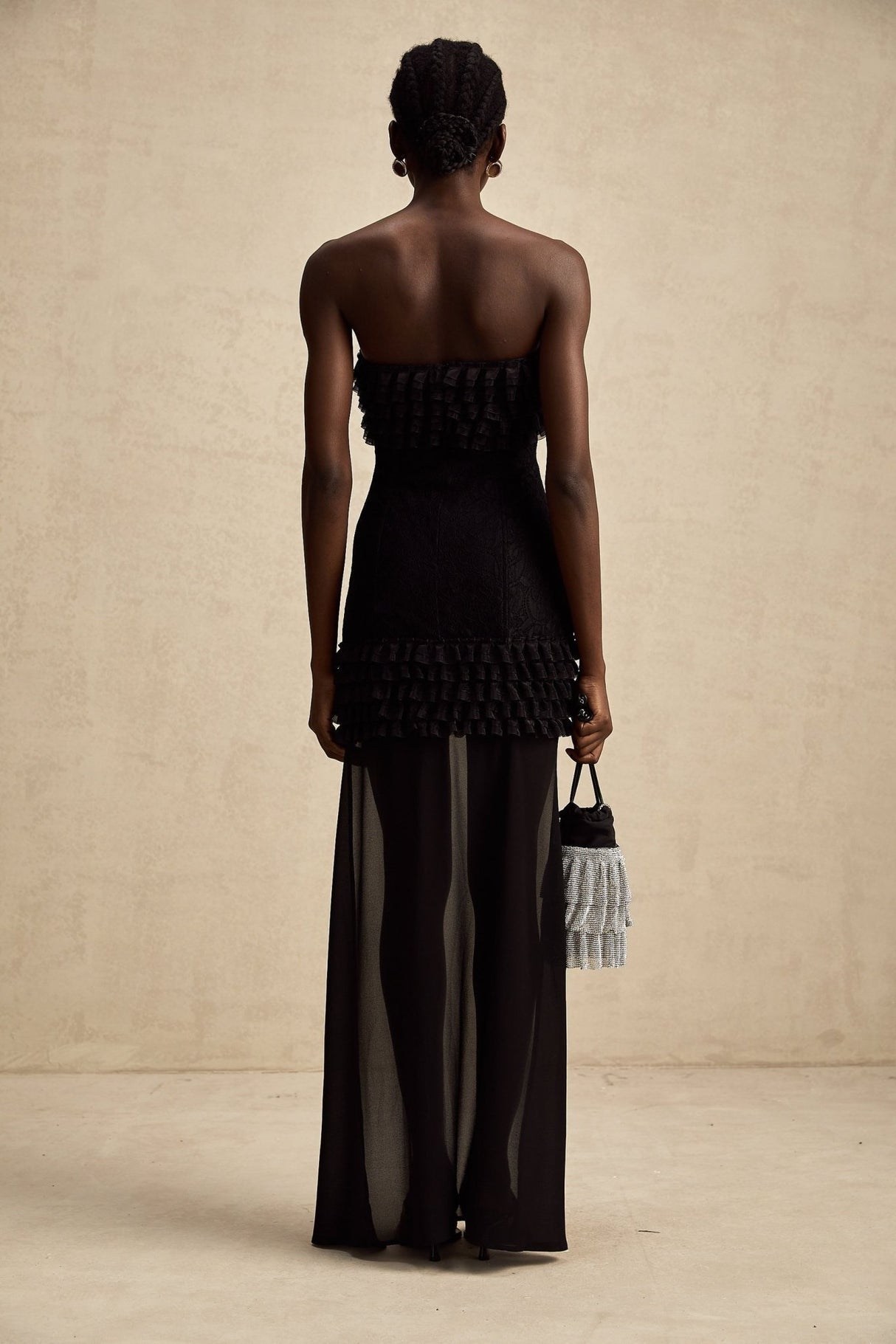 Michèle Black Strapless Mini Dress With Lace - Up Front and Ruffle Train