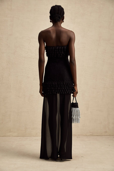 Michèle Black Strapless Mini Dress With Lace - Up Front and Ruffle Train