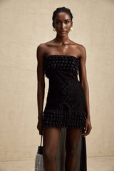 Michèle Black Strapless Mini Dress With Lace - Up Front and Ruffle Train