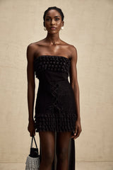 Michèle Black Strapless Mini Dress With Lace - Up Front and Ruffle Train