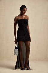 Michèle Black Strapless Mini Dress With Lace - Up Front and Ruffle Train