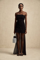 Michèle Black Strapless Mini Dress With Lace - Up Front and Ruffle Train