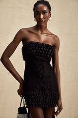 Michèle Black Strapless Mini Dress With Lace - Up Front and Ruffle Train