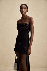 Michèle Black Strapless Mini Dress With Lace - Up Front and Ruffle Train