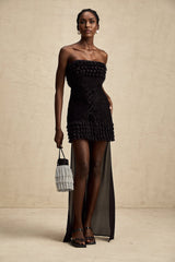Michèle Black Strapless Mini Dress With Lace - Up Front and Ruffle Train