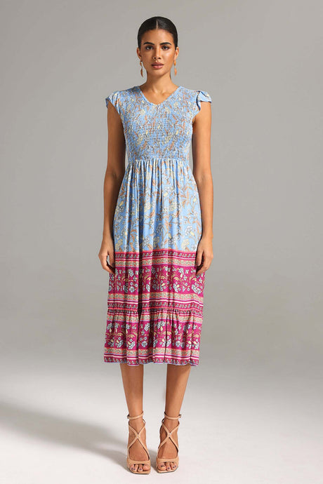 Michelina Blue Floral Midi Dress with Flutter Sleeves and Smocked Bodice