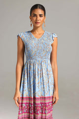 Michelina Blue Floral Midi Dress with Flutter Sleeves and Smocked Bodice