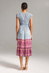 Michelina Blue Floral Print Midi Dress with Flutter Sleeves