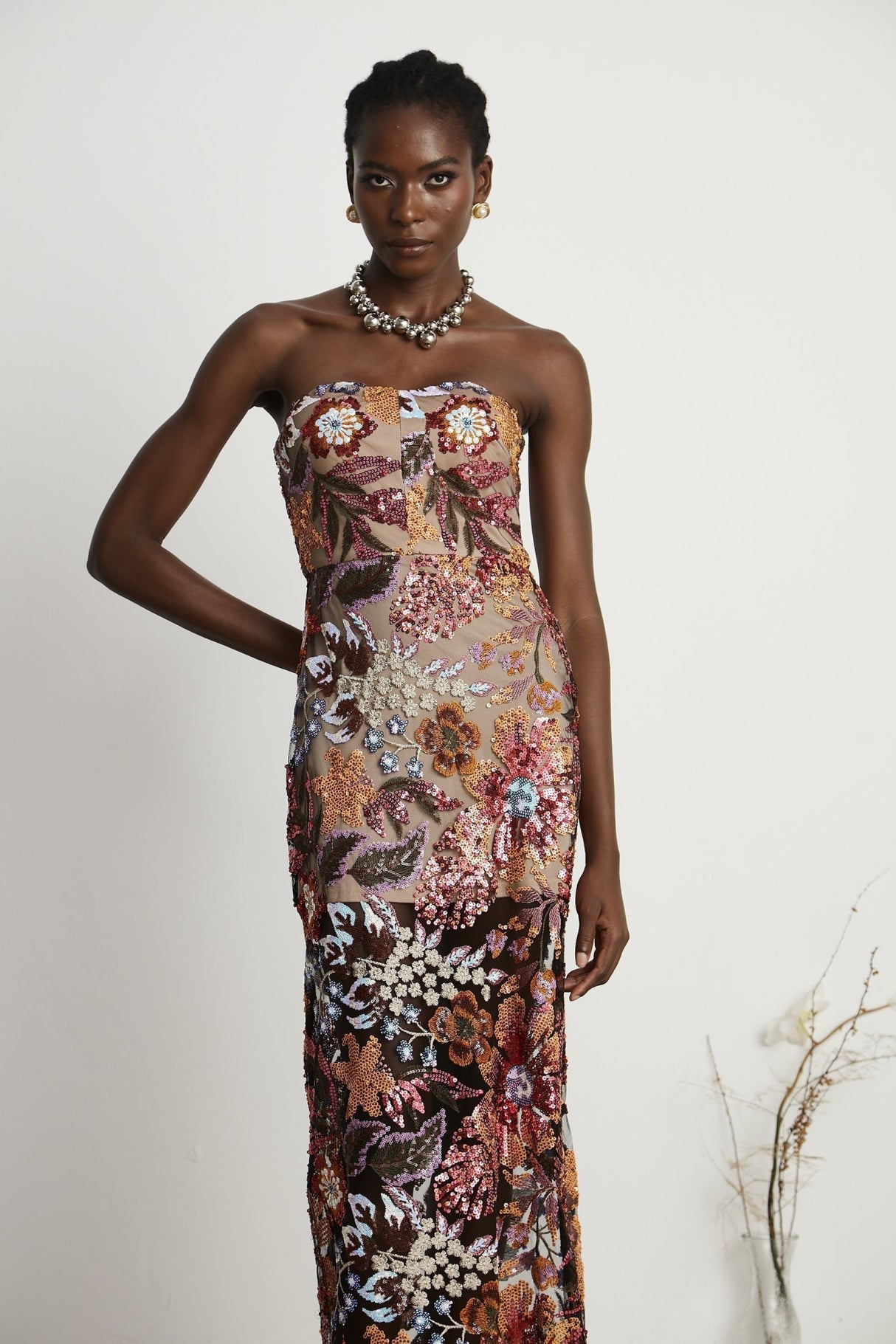 Michelina Floral Midi Dress in Red with Sequin Embellishment & OffShoulder Style
