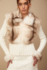 Michelina Jacket White Brown Faux Fur Ribbed Knit & Frayed Edge