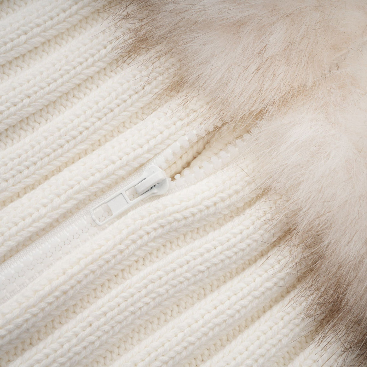 Michelina Jacket White Brown Faux Fur Ribbed Knit & Frayed Edge