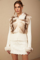 Michelina Jacket White Brown Faux Fur Ribbed Knit & Frayed Edge
