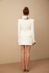 Michelina Jacket White Brown Faux Fur Ribbed Knit & Frayed Edge