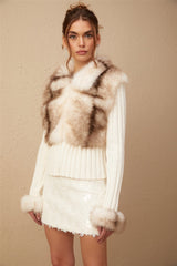 Michelina Jacket White Brown Faux Fur Ribbed Knit & Frayed Edge
