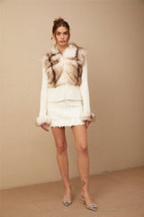 Michelina Jacket White Brown Faux Fur Ribbed Knit & Frayed Edge