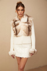 Michelina Jacket White Brown Faux Fur Ribbed Knit & Frayed Edge
