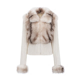Michelina Jacket White Brown Faux Fur Ribbed Knit & Frayed Edge