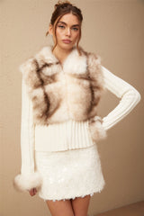 Michelina Jacket White Brown Faux Fur Ribbed Knit & Frayed Edge