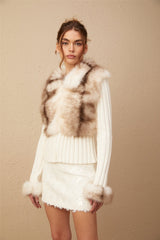 Michelina Jacket White Brown Faux Fur Ribbed Knit & Frayed Edge