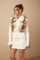 Michelina Jacket White Brown Faux Fur Ribbed Knit & Frayed Edge