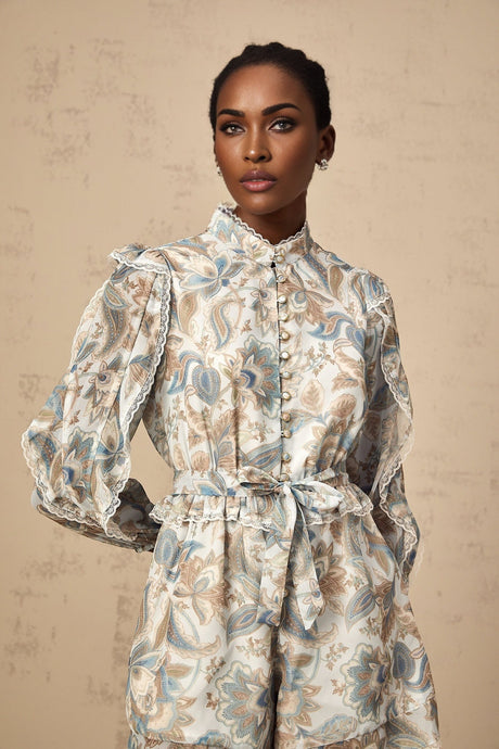 Michelina Jumpsuit Blue Floral Print Lace Trim Ruffled & Tied