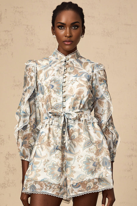 Michelina Jumpsuit Blue Floral Print Lace Trim Ruffled & Tied