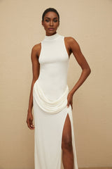 Michelina Maxi Dress - White Train Detail - Ruched Embellishments - Turtleneck - Front Slit
