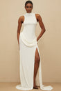 Michelina Maxi Dress - White Train Detail - Ruched Embellishments - Turtleneck - Front Slit