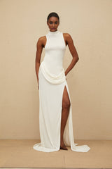 Michelina Maxi Dress - White Train Detail - Ruched Embellishments - Turtleneck - Front Slit