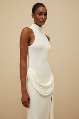 Michelina Maxi Dress - White Train Detail - Ruched Embellishments - Turtleneck - Front Slit