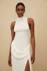 Michelina Maxi Dress - White Train Detail - Ruched Embellishments - Turtleneck - Front Slit