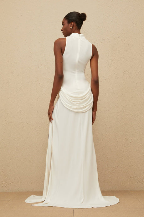 Michelina Maxi Dress - White Train Detail - Ruched Embellishments - Turtleneck - Front Slit