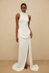 Michelina Maxi Dress - White Train Detail - Ruched Embellishments - Turtleneck - Front Slit