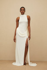 Michelina Maxi Dress - White Train Detail - Ruched Embellishments - Turtleneck - Front Slit