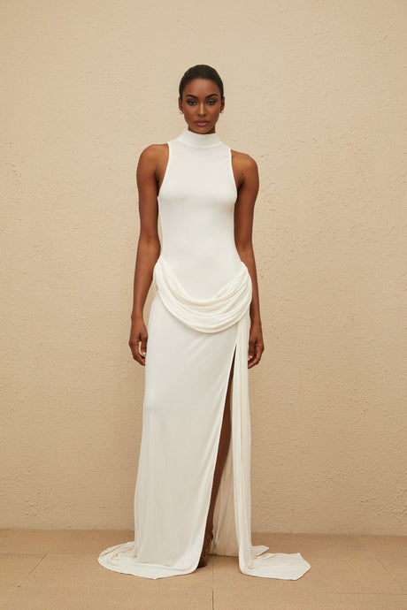 Michelina Maxi Dress - White Train Detail - Ruched Embellishments - Turtleneck - Front Slit