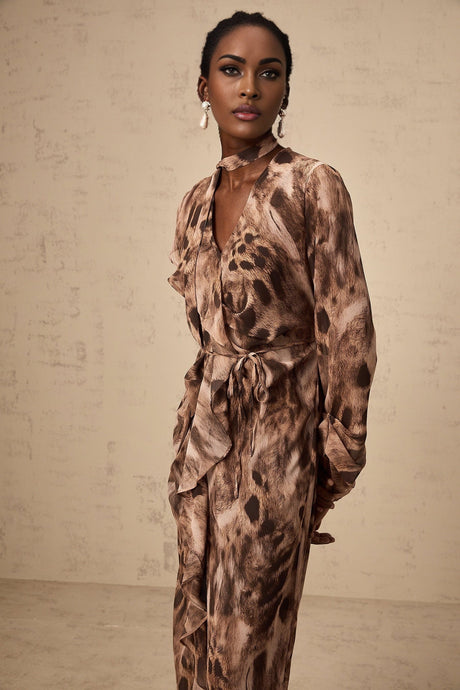 Michelina Midi Dress Brown Leopard Print Ruffled High Slit & Ribbon Tied Tieneck