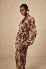 Michelina Midi Dress Brown Leopard Print Ruffled High Slit & Ribbon Tied Tieneck