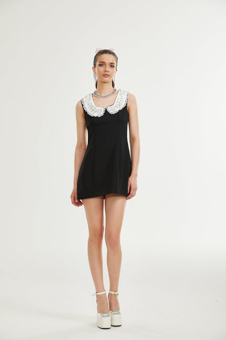 Michelina Mini Dress Lace Trim Crystal Embellishments Black White