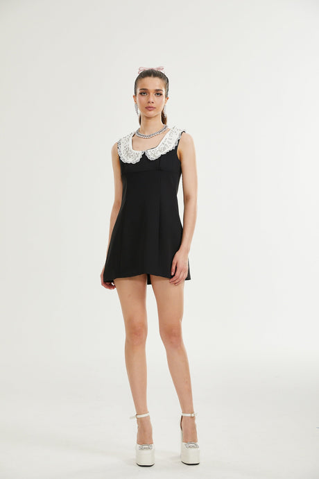 Michelina Mini Dress Lace Trim Crystal Embellishments Black White