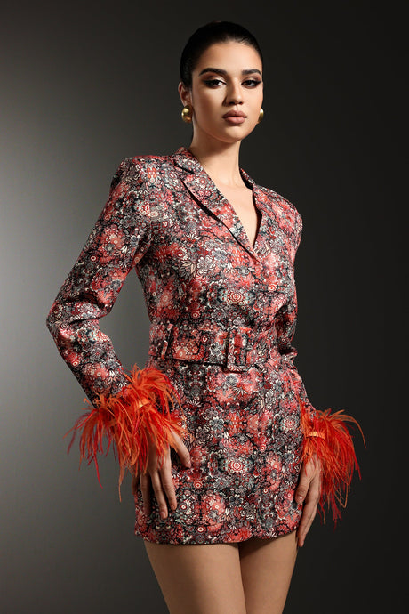 Michelina Red Floral Print V-Neck Dress with Feather Detailing and Belt