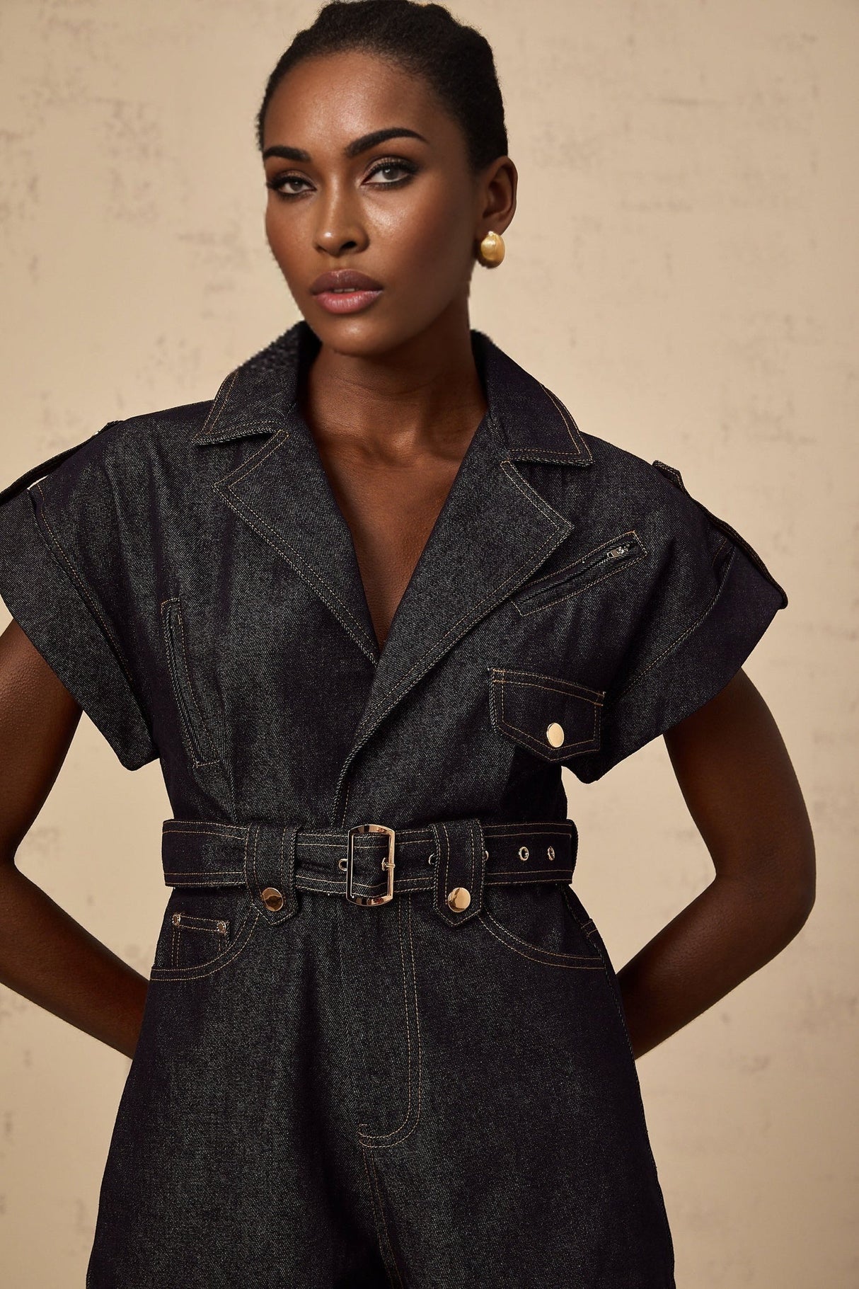 Michelle Denim Blue Belted Playsuit